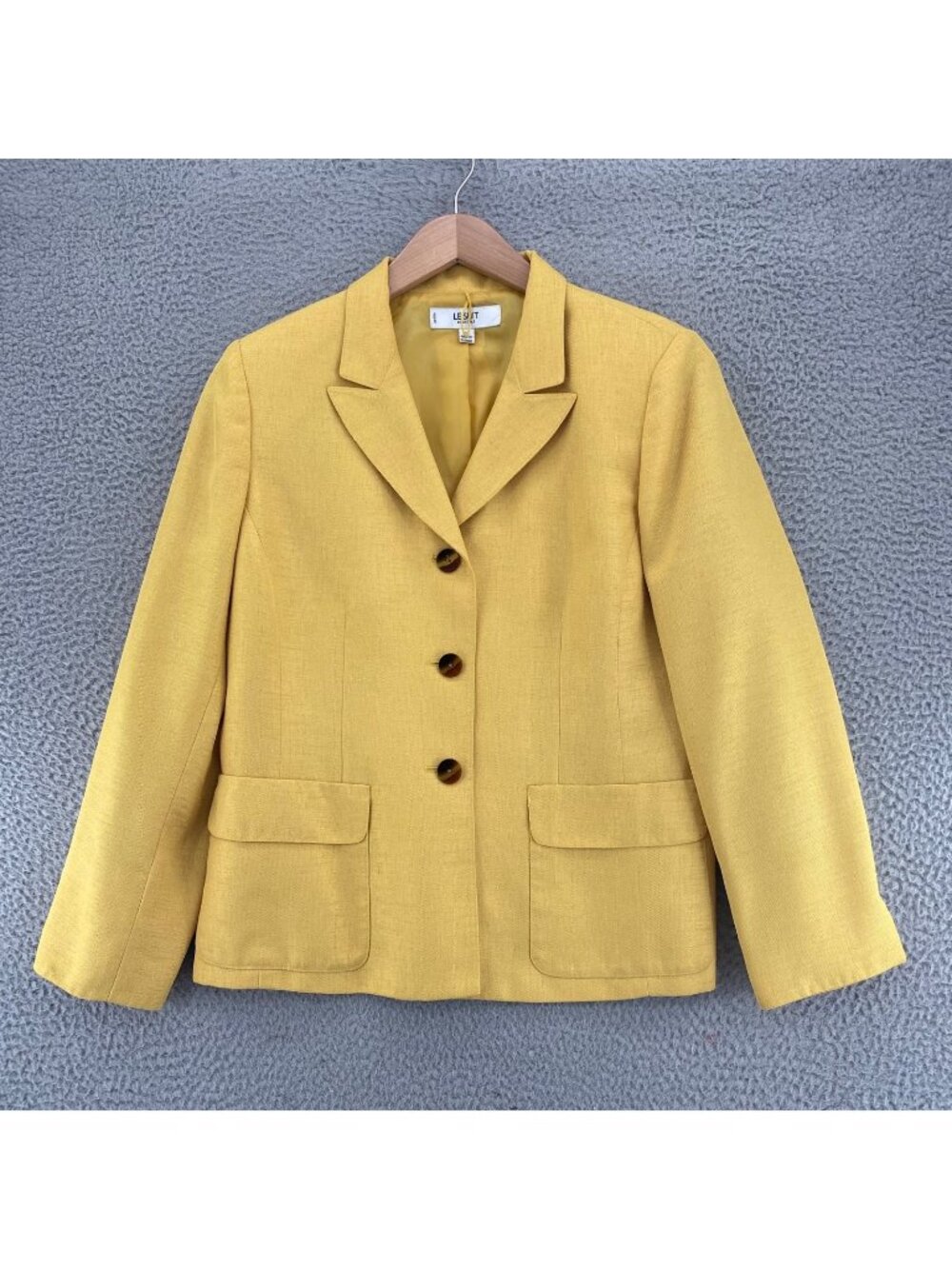 Le Suit Blazer Womens 14 Petites Mustard Gold Jacket Peak Lapel Pockets Career